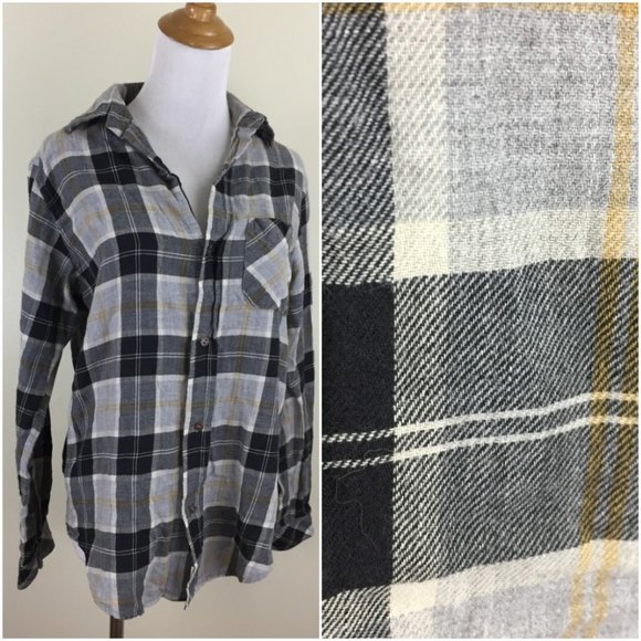CURRENT ELLIOTT Gray Black Taupe Plaid High Low Hem Flannel Oversized Shirt - Picture 1 of 11